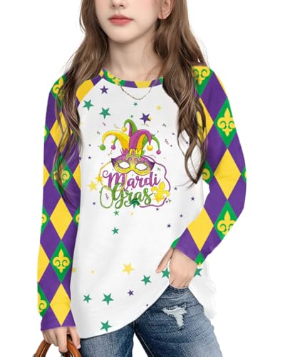 Image of Mardi Gras Shirt for Kids: Toddler Boys Girls Mardi Gras Long Sleeve Happy Carnival Outfits Mask Graphic Tee 4-12 Years