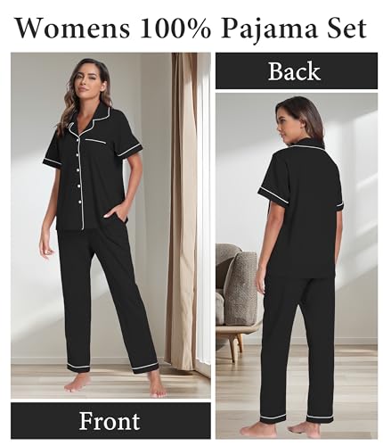 Image of CF Womens 100% Cotton Pajamas Set Button Down Pjs Sets Short Sleeve Top & Long Pants Sleepwear Comfy Loungewear with Pockets