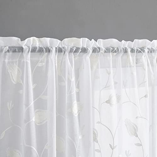 Image of Sheer Curtains White 95 Inches Embroidered Floral, Window Treatments Rod Pocket Drapes for Living room, Bedroom, Semi Crinkle Voile Curtain Panels for Yard, Patio, Villa, Parlor, Set of 2, 52 inchx 95 inch.
