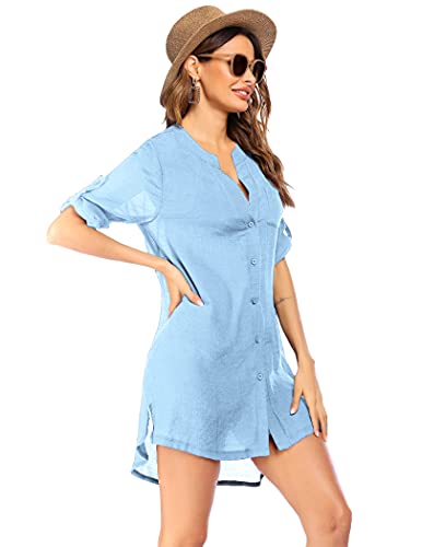 Image of Ekouaer Bathing Suit Cover Up for Women V Neck Button Down Swimsuit Coverup Beach Dress Shirt S-3XL