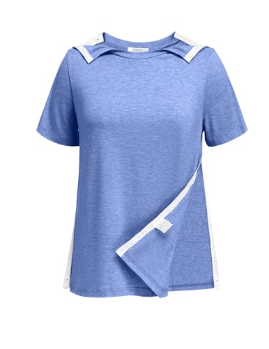 Deyeek Post Surgery Tear Away Shirts for Women Snaps Short Sleeve Tops After Rotator Cuff Shirts Chemo Port Adaptive Clothing