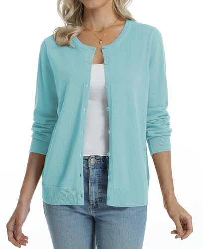 Image of QUALFORT Women's 100% Cotton Lightweight Cardigans Long Sleeve Knitted Button Down Sweater