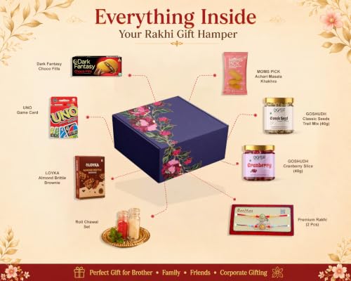 Image of Goshudh 8 Item Rakhi Gift Hamper for Brother & Sister | Classic Seed Trail Mix, Cranberry, Mom's Pick Khakhra, Dark Fantasy, Loyka Almond Brittle Brownie, UNO Cards, Set of 2 Rakhi with Roli Chawal | Raksha Bandhan Gift Box
