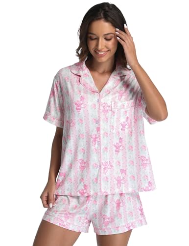 2 Piece Preppy Pajamas Button Down Y2k Print Monkey Pajamas for Women Cute Beach Shorts Set pjs Loungewear2
