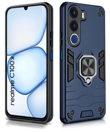 Image of WOW IMAGINE Shock Proof Back Case Mobile Cover for Realme C100x | Back Cover Case (Tough Armor | Hybrid PC + TPU | Ring Holder & in-Built Kickstand | Blue)