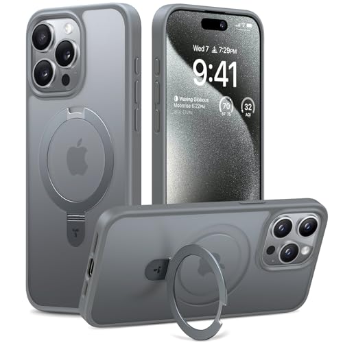 TORRAS Ostand Weltneuheit für iPhone 15 Pro Max Hülle für MagSafe (Nr.1 Magnetkraft Stabilster Ständer Militärischer Schutz) Stoßfest Handyhülle iPhone 15 Pro Max Case Schutzhülle All-in-One Grau