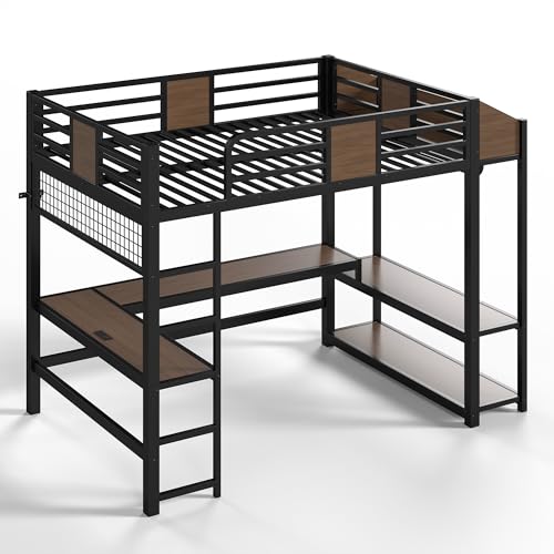 Image of Bellemave Full Size Loft Bed with Desk and USB Ports, Clothes Hanging Rod, LED, Metal Full Loft Bed Frame for Adults, Kids, Teens, Black