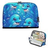 Estuche grande con cremallera para lápices, diseño de delfines, color azul burbuja, bolsa de almacenamiento para lápices, bolsa de lápices para niñas, para el aula, suministros de oficina