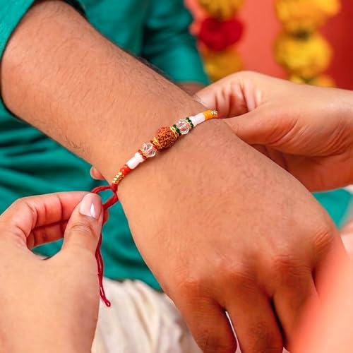 Image of Peora CZ Pearl & Crystals Studded Thread Rakhi for Brother Bhaiya | Combo Set of 3 | Raksha Bandhan Hamper with Roli Chawal & Greeting Card