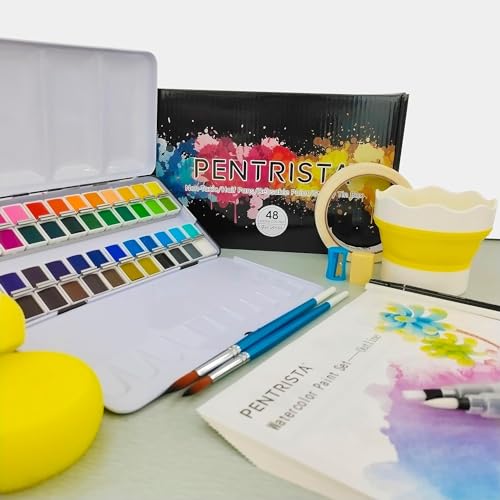 PENTRISTA Watercolor Paint Set with Paper 48 Colors in Portable Box with Mix-Color Pallet, 20 Watercolor Papers 2 Refillable Water Brush Pens and Brushes, Ideal for Adults, Artists and Hobbyists
