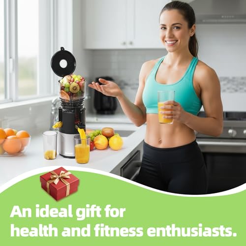 Cold Press Juicer, 5.8" Wide Feed Chute Slow Masticating Juicer Machine for Whole Fruits & Vegetables, Easy to Clean & High Juice Yield