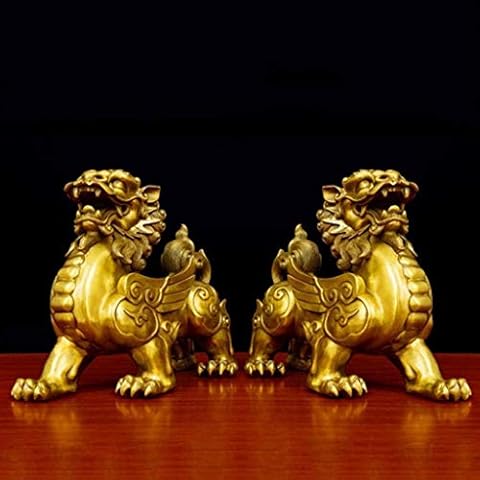 FOUNDLINE Feng Shui Pixiu Wealth Figurines Resin Crafts A Pair Pixiu Statue Decoration, For Wealth Good Luck Figurine Collectible Decoration,Brass (Brass) Cover