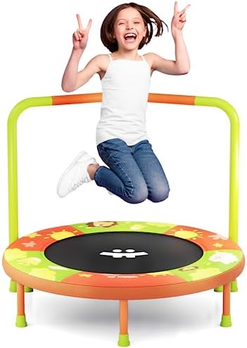 Happin 3' Mini Trampoline for Kids Indoor with Removable Foam-Padded Handlebar, Noise-Free, Durable Steel Frame and Safety Pad, Trampoline for Toddlers Age 3 Years and Up