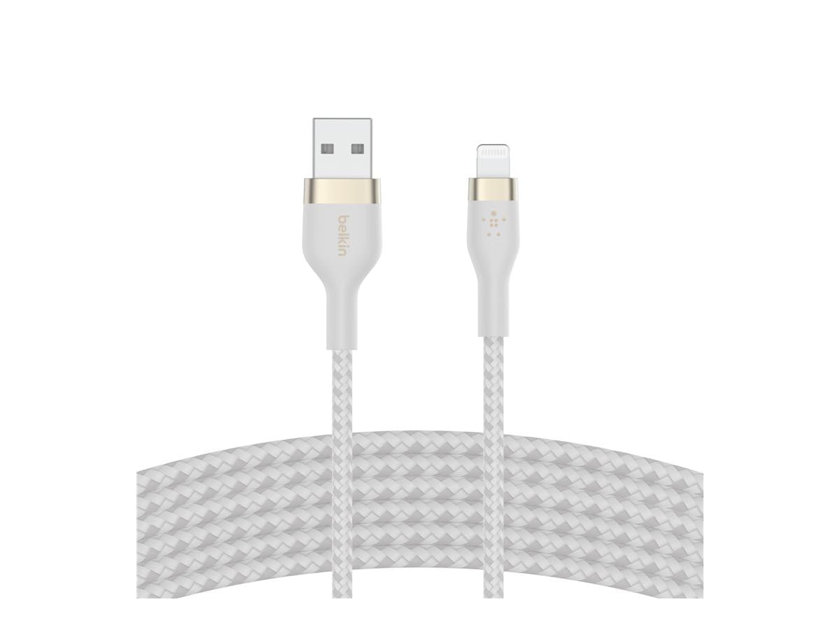 Belkin BoostCharge Pro Flex geflochtenes USB-A/Lightning-Kabel, 2 m, MFi-zertifiziertes Ladekabel für iPhone 14/14 Plus, 13, 12, Pro, Max, mini, SE, iPad und andere Geräte – Weiß