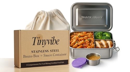 Tinyvibe Stainless Steel Bento Box Small 850ml Metal Lunch Box for Kids & Adults 29oz Leak-Proof No Mix up Lunch Food Container with Removable Divider & Sauce container