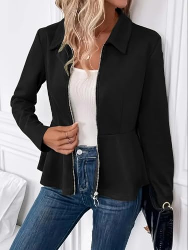 Image of Leriya Fashion Peplum Zip-Up Jacket for Women Summer Wear | Long Sleeve Collared Slim Fit Summer Jacket for Women Stylish | Top with Front Zipper Closure | Stylish Waist Flare| Casual and Office Wear