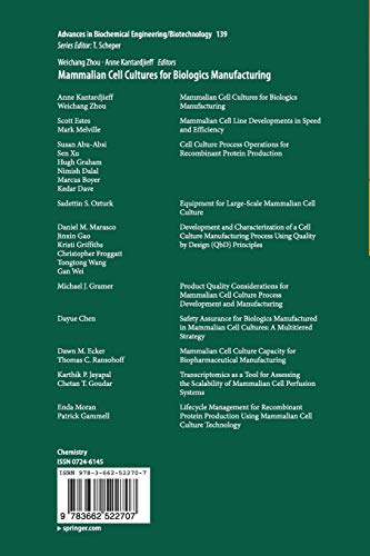 Mammalian Cell Cultures for Biologics Manufacturing (Advances in Biochemical Engineering/Biotechnology, 139)