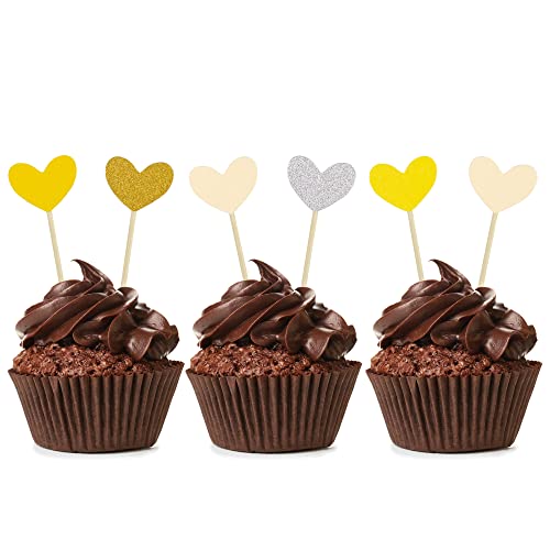 30Pcs Heart Cupcake Toppers Gold Glitter Sweet Love Theme Cupcake Picks Wedding Engagement Bridal Shower Birthday Valentine's Day Party Cake Decorations Supplies #TOP29