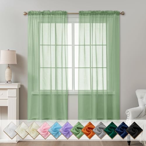 Image of Sage Green Sheer Curtains 72 Inches Long, Privacy Semi Sheer Curtains for Living Room Bedroom, Light Filtering Rod Pocket Voile Window Drapes 2 Panels Set, Each 42 inch W x 72 inch L