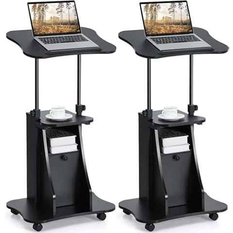 MEDIMALL Mobile Laptop Podium, Portable Height Adjustable Podium Stand, Rolling Lectern Desk with Storage, 180° Tilting Top, Lockable Universal Casters, Sit-to-Stand Computer Desk for Home, Office Cover