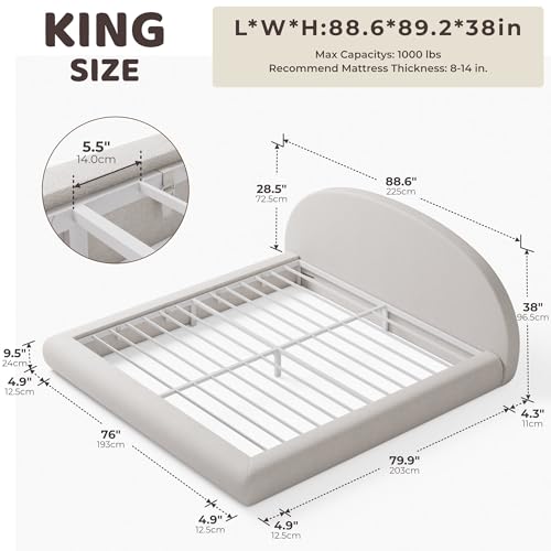 Image of RECCI AirFrame Half-Moon Upholstered King Platform Bed Frame, Velvet Curved Arched Base with Headboard, 5 Inch Fully Round Cushioned Foam, No Box Spring Needed, Easy Assembly
