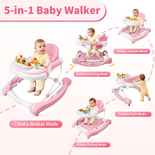 Image of 5 in 1 Baby Walker, Music and Lights Walker for Baby Boy Girls 6-12 Months, Foldable Baby Walkers with Wheels and Bouncer Combo Portable, Toddler Infant Walker with Adjustable Height