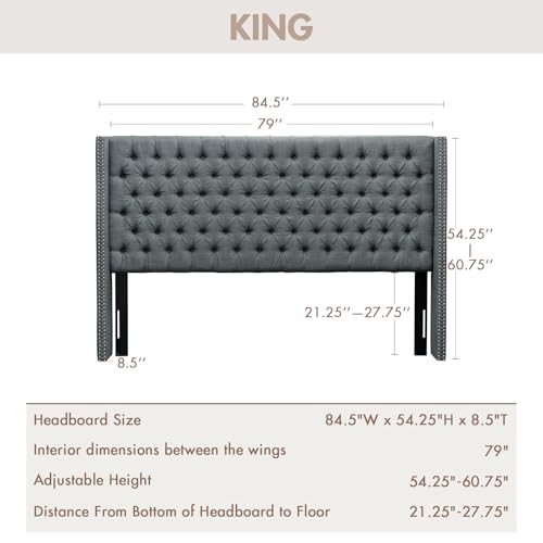 Image of Madison Park King Wingback Upholstered Tufted Headboard, Featuring High-Density Sponge Padding, Adjustable Height Headboard, Easy Assembly, Dark Grey Woven