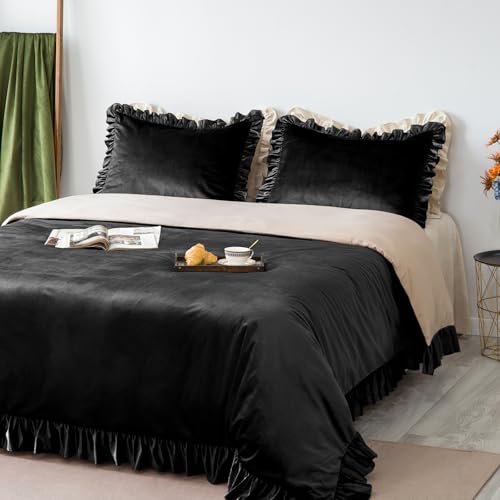 GLORY SEASON Velvet Duvet Cover Set Retro Ruffle Flounces Trim Luxurious Solid Obsidian Black Farmhouse Vintage Comforter Cover Bedding Sets, Matching Shams for Home Bedroom Decor,Queen 90"x90"
