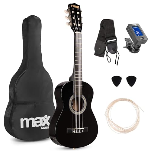 Max SoloArt Junior 1/4 Beginner Acoustic Guitar Starter Kit for Kids Childrens Wooden Instrument Set with Accessories Ideal Childrens Beginner Musical Gift Black