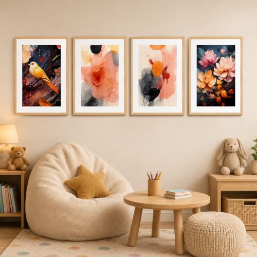Image of Livin'luxe Set of 4 Floral Bird & Abstract Wall Paintings with Sparkle Laminate and Premium Wooden Synthetic Frame for Living Room Bedroom Office Decor (13.5 x 19.5 Inch)
