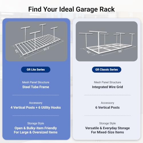Image of FLEXIMOUNTS 4x8 Overhead Garage Ceiling Storage Rack with 6 Hooks, White