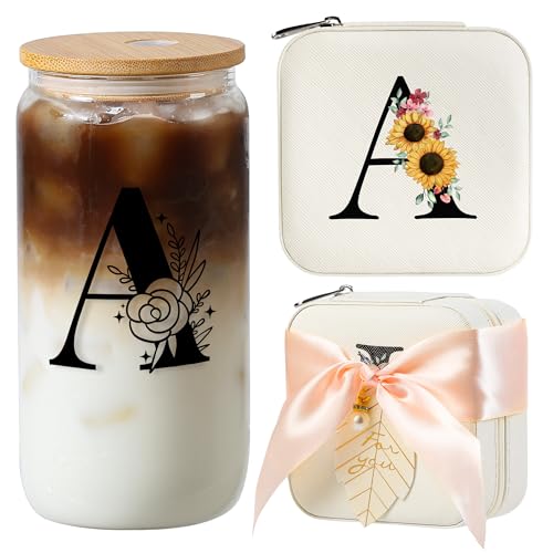 AYGXU Teacher appreciation gifts,Initial glass cup with initial Jewelry Box,Jewelry Case Organizer,iced coffee cups,Travel Gifts for Women Girls,Birthday Gifts,Initial A white