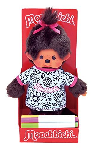 Sekiguchi 223329 Originele Monchhichi meisjes met T-shirt om te schilderen, inclusief pennen, van bruin pluche, vlecht met strik, ca. 20 cm.