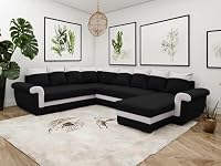 Tendencio LATTIA - canapé panoramique réversible Convertible avec Coffre - en Tissu et PU - 7 Places (Noir et 