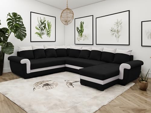 Tendencio LATTIA - canapé panoramique réversible Convertible avec Coffre - en Tissu et PU - 7 Places (Noir et Blanc)