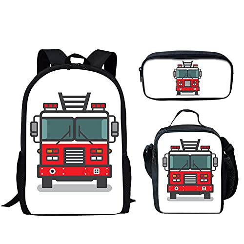 Howilath Cartoon Fire Truck Backpack for School Girls Kids Bookbag Set, 17 Inch Backpack Set for Boys Teens Bookbag School Bag with Lunch Box Pencil Case