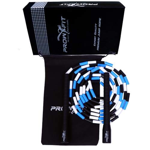 Image of Freestyle Unbreakable Long Handle Soft Shatterproof Beads 1Inch Beaded Jump Rope, Skipping Rope Adult. (10 Ft) (Blue Black white - Black Handle)