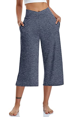 Image of TARSE Womens Casual Wide Leg Yoga Capris Crossover High Waist Capri Pants Loose Soft Pajama Pockets Sweatpants