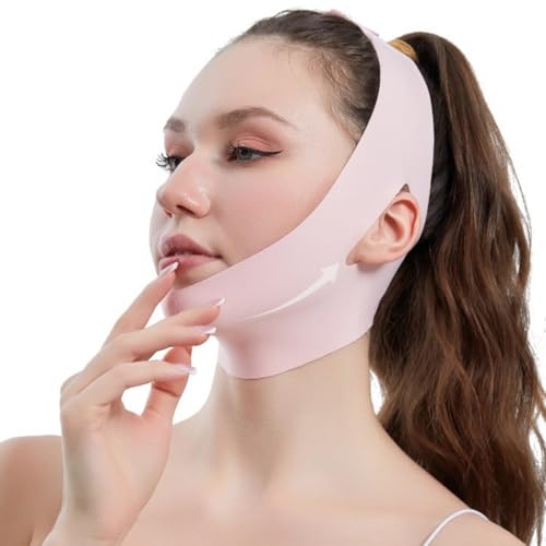 XBFOCNH V Line Lifting Mask,Correa Facial,reductor doble de la barbilla,Se puede llevar en casa durante el día o dormir por la noche(Rosa）