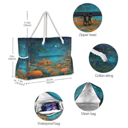 Large Beach Bags Totes Canvas Tote Shoulder Bag Pumpkin Carriage Lake Water Resistant Bags for Gym Travel Daily4