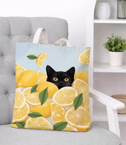 Image of Cute Cat Canvas Tote Bag for Women， Aesthetic Reusable Shoulder Bag for Shopping Travel Work