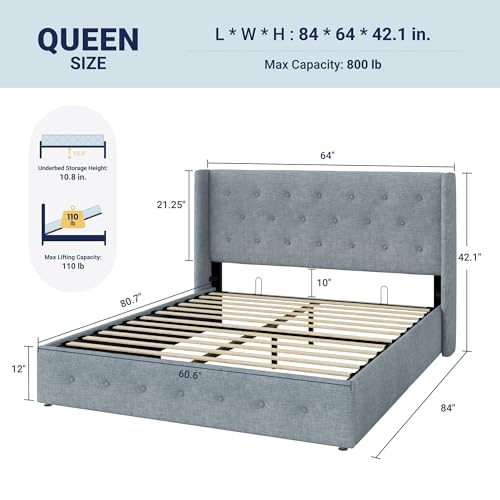 Image of Allewie Queen Size Lift Up Storage Bed, Button Tufted Headboard with Wingback, Hydraulic Support, No Box Spring Needed, Grey Blue