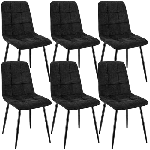 ANVOFONG Pack de 6 Sillas de Comedor, Sillas Cocina con Tela de Lino Y Patas De Metal Negro,Sillas Tapizadas,Silla de Dormitorio,Silla de SalóN,Sillas Comedor Modernas-Negro