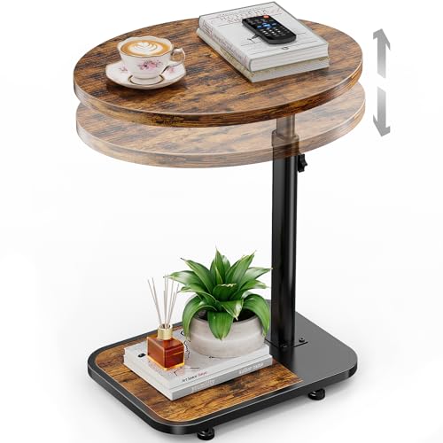 Image of TV Tray Table with Infinite Adjustable Height - C-Shaped Sofa End Side Table for Snack Laptop Desk Small Spaces (Brown)