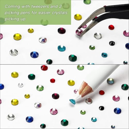OUTUXED 5400pcs Multicolor Rhinestones 12 Mixed Color Hotfix Rhinestones Flatback Gemstones and Crystals for Halloween Costume Accessories, Crafts with Tweezers and 2 Picking Pens