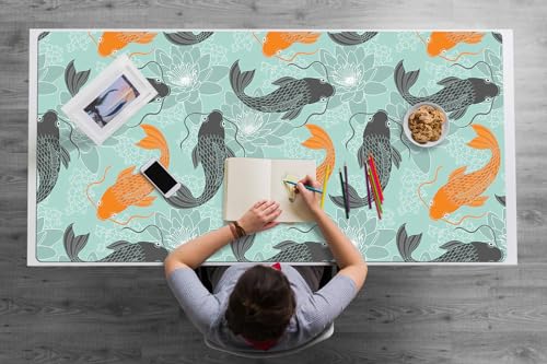 Tapis de Bureau 120x60 cm Vinyle PVC Protection Surface Imperméable Carpe Chinoise