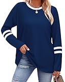 Sampeel Long Sleeve Shirts for Women Color Block Business Casual Tops Womens Fall Fashion 2025 Clothing Crew Neck Basic Tees Tshirts Work Teacher Outfits Trendy Y2K Fall Clothes Navy Blue M