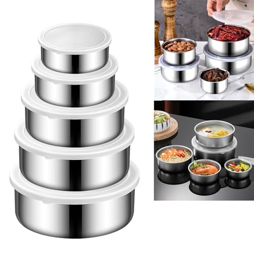Dvagoent Bol Inox Cuisine Jeu de 5 Bols, Saladier Inox Rond, avec Couvercle en Silicone, 0.25l, 0.45, 0.7l, 1l, 1.4l (A)