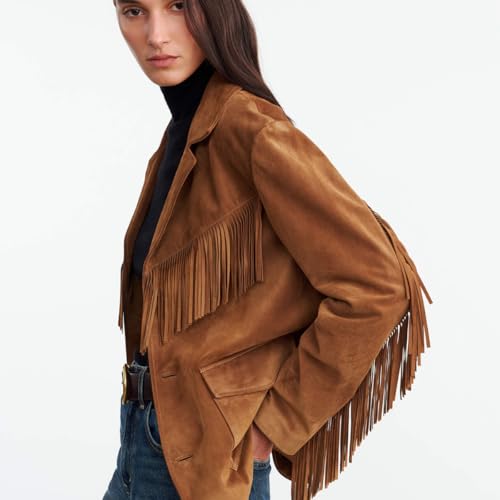 Women's Western Suede Leather Jacket with Fringe, Brown, Button Front, 2 Pockets4