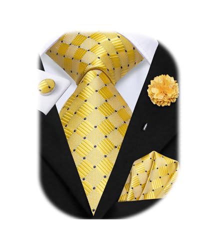 Image of Hi-Tie Men Silk Ties Set with Flower Lapel Pin Necktie Pocket Square Cufflinks for Tuxedo Wedding Business
